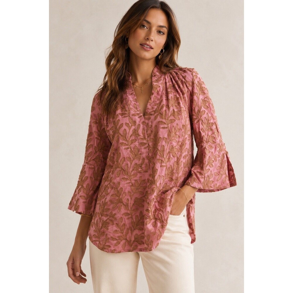Anthropologie Pink Brown Floral Embroidered Appliqué Tunic Blouse XXSP Boho Top